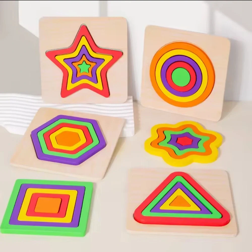 Wooden 3D Shapes Color Cognition Board Geometric Puzzles Montessori